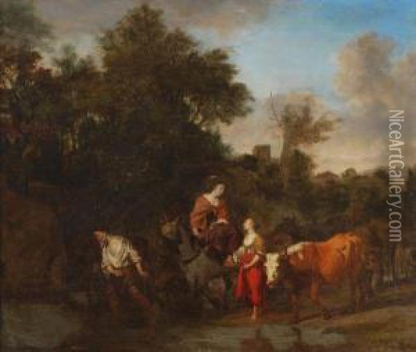 An Italianate Landscape With Figures Herding Cattle Oil Painting - Adrian Van De Velde