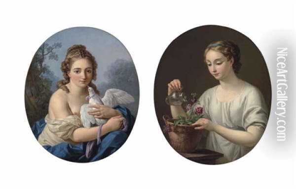 A Young Woman Holding A Dove (la Douce Captivite) And A Woman Watering A Pot Of Matthiola (' La Jeune Athenienne ') (pair) Oil Painting - Louis Jean Francois Lagrenee