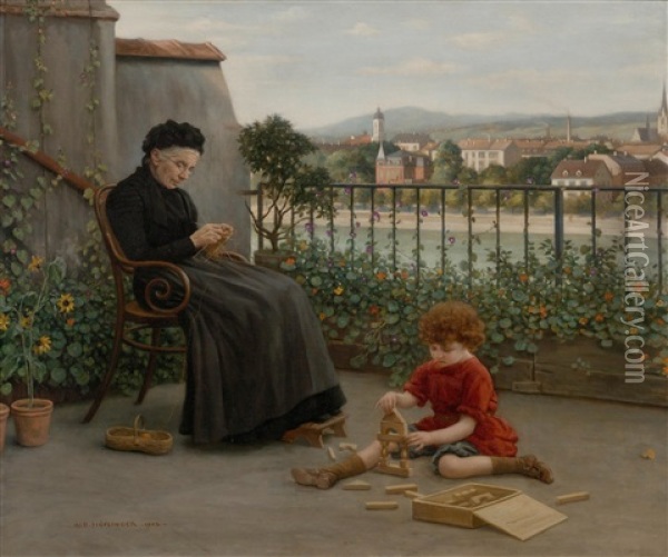 Grandmother With Child, View Of Kleinbasel From A Terrace On The Rheinsprung Oil Painting - Albert Hoeflinger