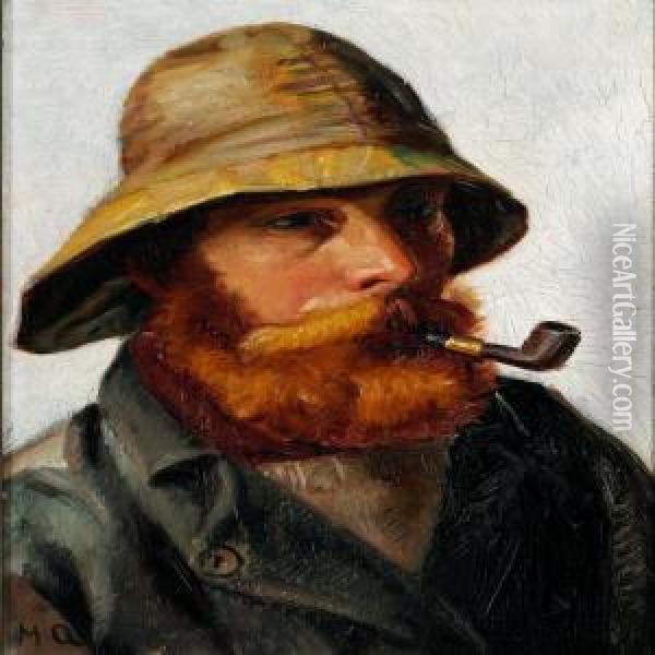 Red-bearded Fisherman With A Yellow Sou'wester Smoking A Pipe Oil Painting - Michael Ancher