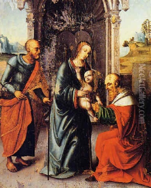 La Madonna Col Bambino E Due Figure In Un Paesaggio Oil Painting - Lorenzo Costa