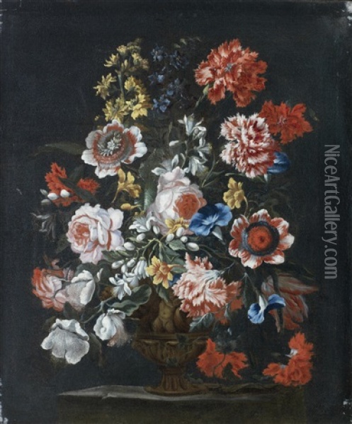 Roses, Carnations, Convolvulus And Other Flowers In A Bronze Urn On A Stone Ledge Oil Painting - Bartolommeo Ligozzi