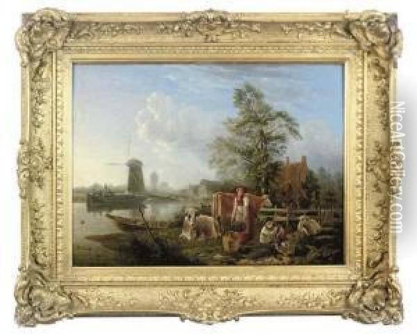 A Dutch Canal With A Milkmaid And Shepherd Boys Oil Painting - Leendert de Koningh