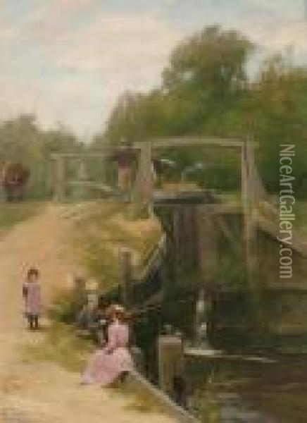 Figures Fishing By A Canal Lock Oil Painting - John Fraser