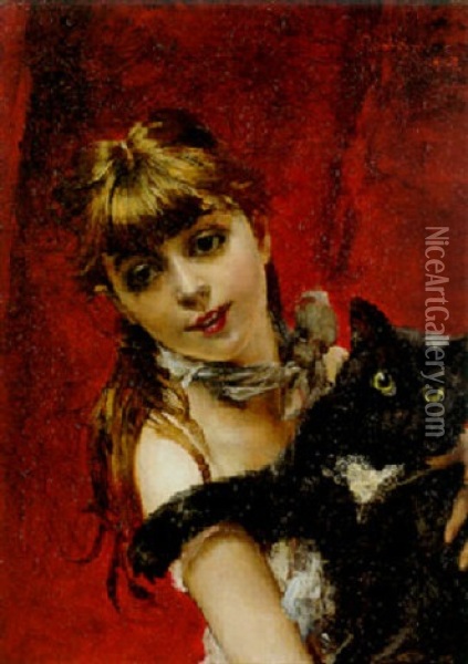 Young Girl Holding Her Pet Cat Oil Painting - Giovanni Boldini