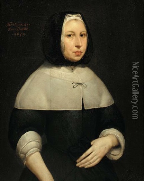 Portrait Of A Lady Wearing A Black Dress With A White Collar And A Black Bonnet Oil Painting - Cornelis Jonson Van Ceulen