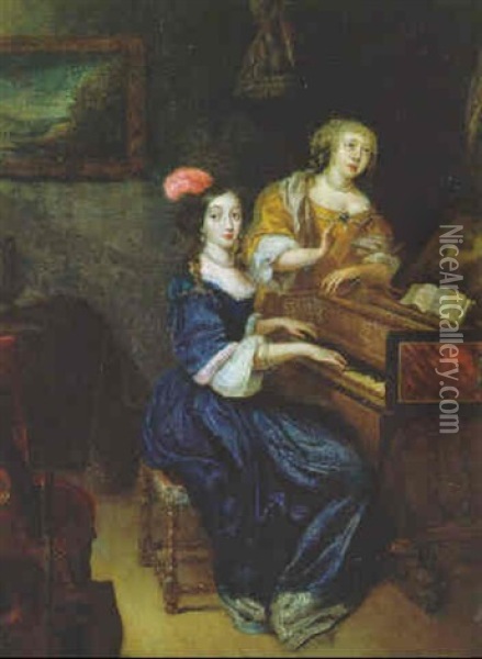 Zwei Musizierende Damen Am Cembalo Oil Painting - Reinier De La Haye