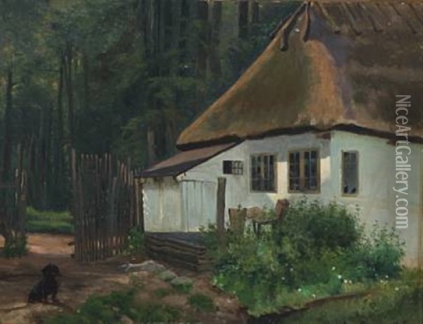 Dachshund Outside A Forest Guard Cottage Oil Painting - Simon Simonsen