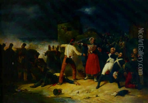 A Revolt In A Paris Street Oil Painting - Victor-Jean Adam