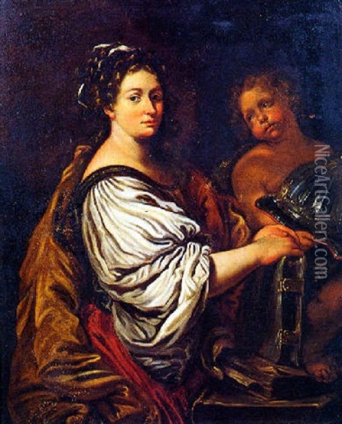 Ritratto Di Donna In Veste Di Minerva E Fanciullo Oil Painting - Nicolas Regnier