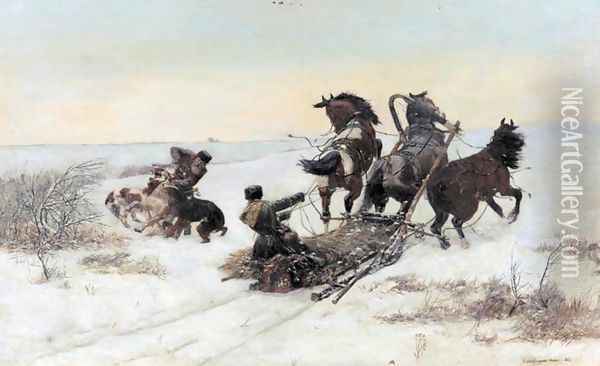 Sledge Attacked by Wolves Oil Painting - Bodhan Von Kleczynski