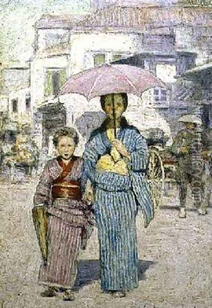 A Japanese Street Scene Oil Painting - Mortimer Ludington Menpes