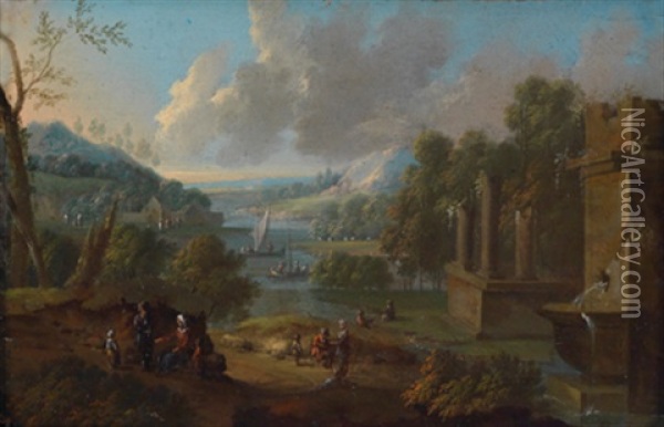 Sudliche Flusslandschaften Mit Romischen Ruinen (2 Works In Collab. W/adriaen Frans Boudewijns) Oil Painting - Pieter Bout