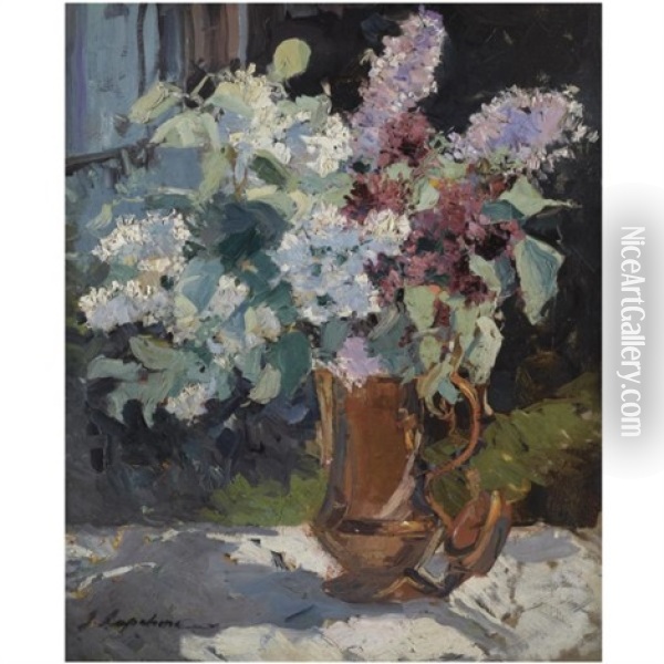 Still Life Of Lilacs Oil Painting - Georgi Alexandrovich Lapchine