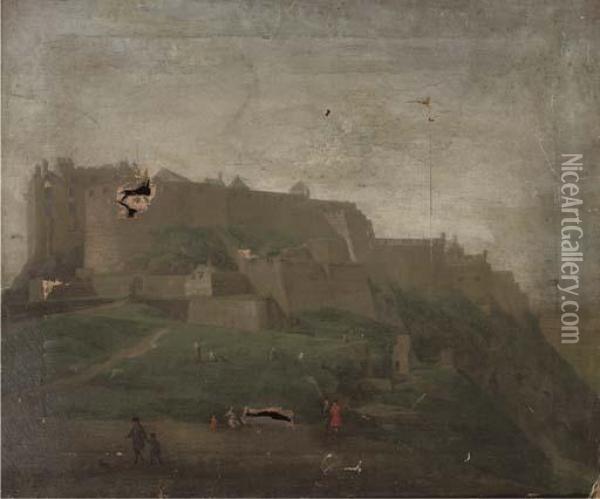 Figures Before A Castle, Thought To Be Edinburgh Oil Painting - Hendrick Danckerts