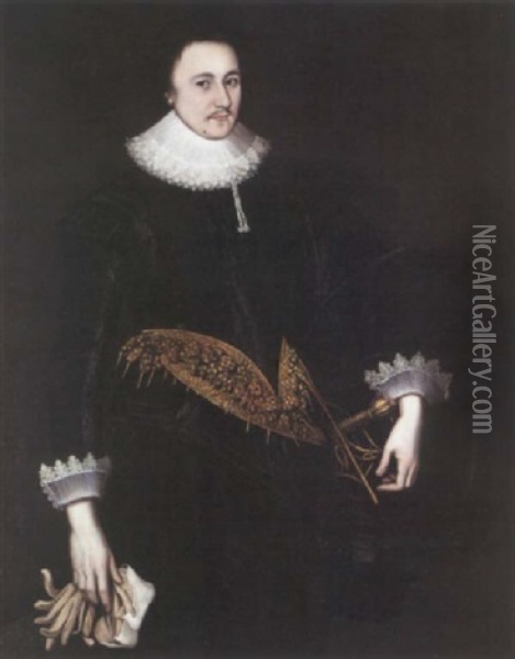 Portrait Of Sir Martin Lister Wearing A Black Doublet And Hose With A White Lace Collar Oil Painting - Robert Peake the Elder