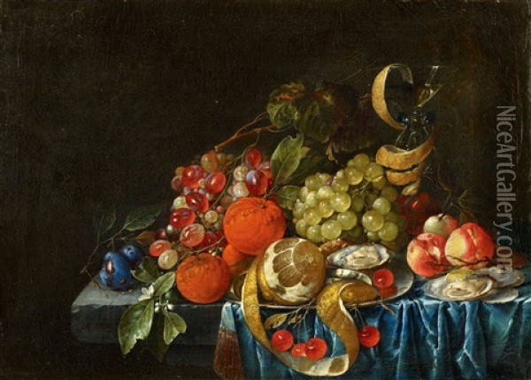 Fruit Still Life With Oysters And A Wine Glass Oil Painting - Cornelis De Heem