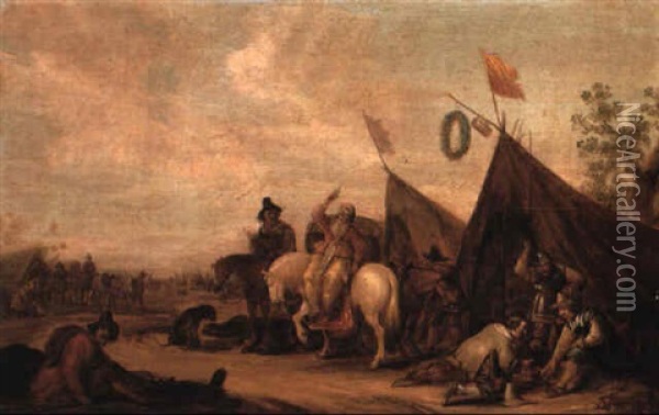 Military Encampment With A Peasant Woman Upon A Grey Horse Oil Painting - Jan de Martszen the Younger