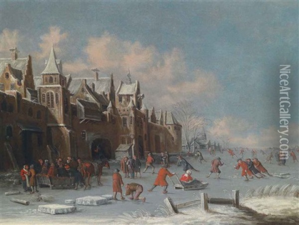 Skaters On The Ice Outside The Gates Of A Dutch City Oil Painting - Thomas Heeremans