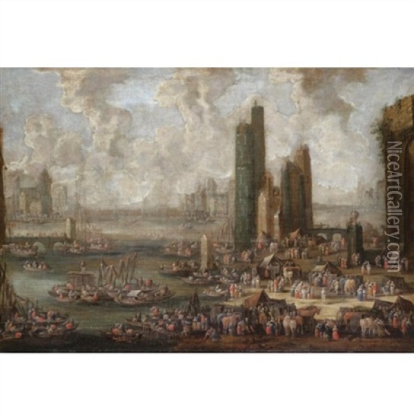 A Capriccio Harbour Scene With Numerous Figures And Merchants On The Quay Oil Painting - Pieter Casteels the Younger