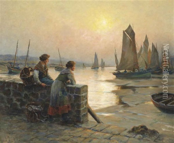 Waiting For The Fishing Fleet To Return Oil Painting - Georges Philibert Charles Maroniez