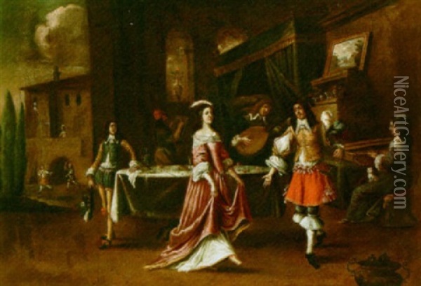 A Dance Lesson With A Scene From The Life Of The Prodigal Son In The Background Oil Painting - Hieronymous (Den Danser) Janssens