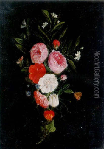 A Swag Of Roses, Carnations And Other Flowers Oil Painting - Jan van Kessel the Elder