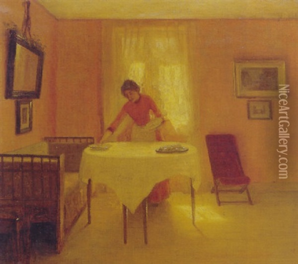 Interior Med Ung Pige, Der Daekker Bord Oil Painting - Christian Valdemar Clausen