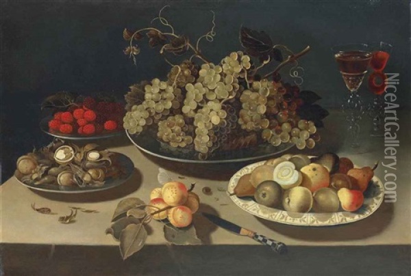 Grapes, Blackberries, Raspberries, Walnuts And Hazelnuts On Pewter Platters, Pears And Other Fruit On A Porcelain Platter, Two Facon-de-venise Wine... Oil Painting - Osias Beert the Elder