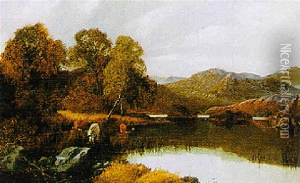 Cattle Watering At The Edge Of A Lake Oil Painting - Edwin Alfred Pettitt