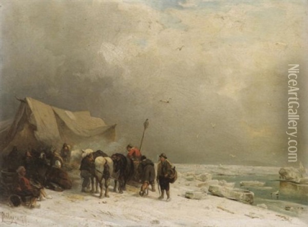 Winterliche Kustenlandschaft Mit Reitern Am Lagerfeuer Oil Painting - Carl Hilgers