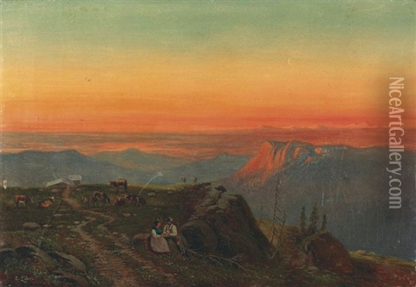 Abendliche Landschaft Mit Hirtenpaar In Den Alpen Oil Painting - Emil Ludwig Lohr