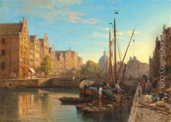 Canal Scene With Sailing Ships Against The Backdrop Of A Town Oil Painting - Charles Euphrasie Kuwasseg