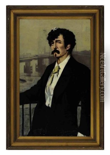 Portrait Of Whistler, Battersea Bridge Beyond Oil Painting - Walter Greaves
