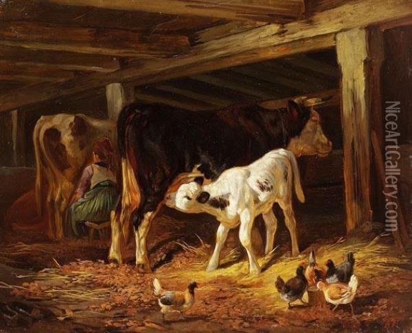 Im Stall Oil Painting - Friedrich Johann Voltz