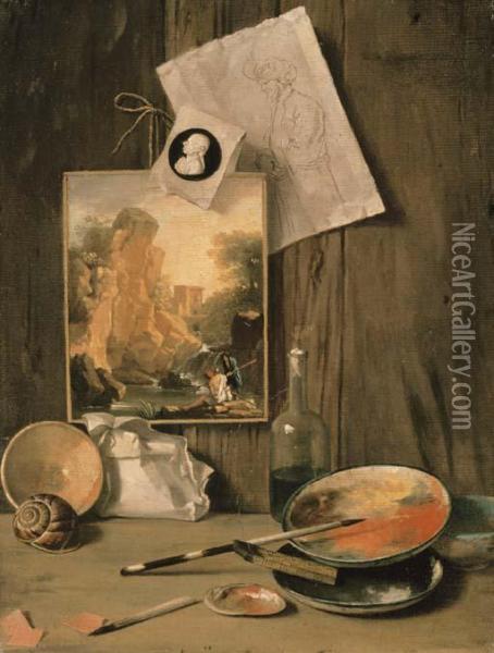 A Trompe L'oeil Still Life Of The Artist's Studio Oil Painting - Antonio Cioci or Ciocchi