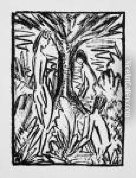 Stehendes, Sitzendes Und Badendes Madchen Am Baum Oil Painting - Otto Mueller