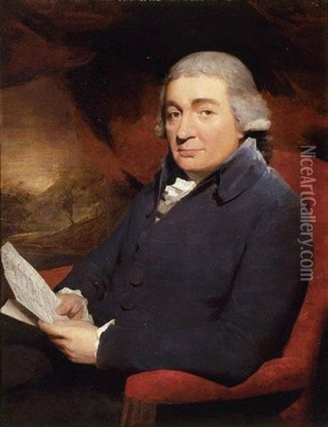 Portrait Of Alexander Mackenzie Of Portmore Seated In A Red Chair And Wearing A Gray Coat And Wig, A Landscape Seen Beyond Oil Painting - Sir Henry Raeburn