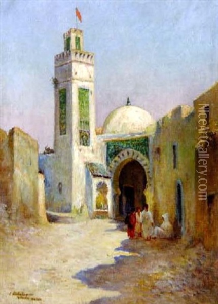 Scene De Rue Animee Au Maroc Oil Painting - Eugene Jules Delahogue