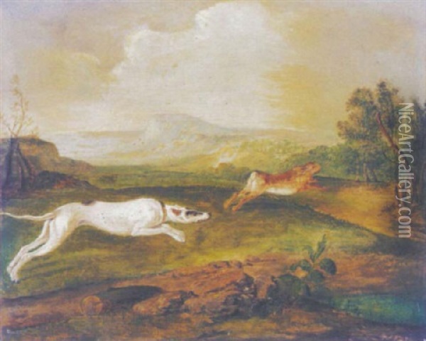 A Dog Chasing A Hare In A Landscape Oil Painting - Carl Borromaus Andreas Ruthart