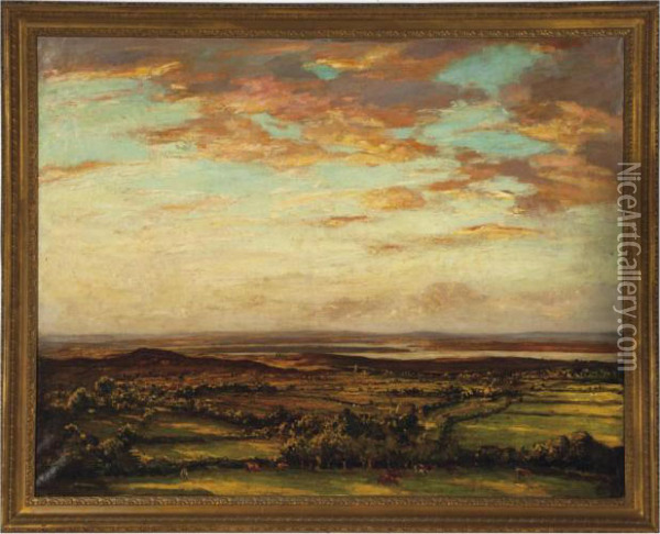 A Panoramic Landscape With Cows In The Foreground Oil Painting - Walter Westley Russell