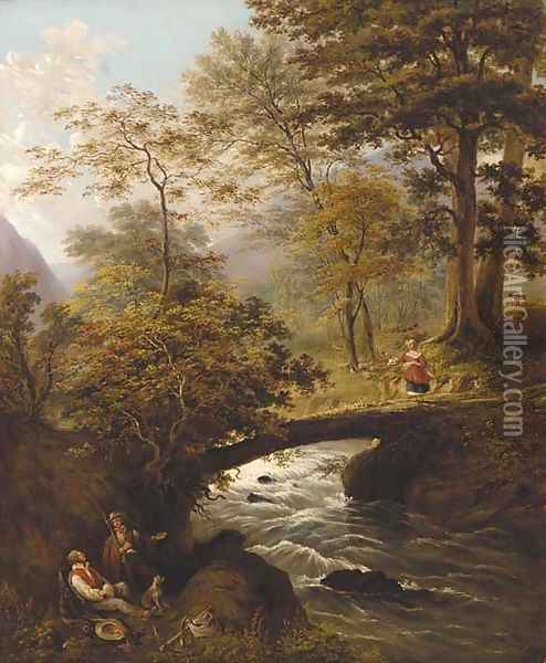 Figures resting by a river with a shepherdess on a bridge beyond Oil Painting - English School