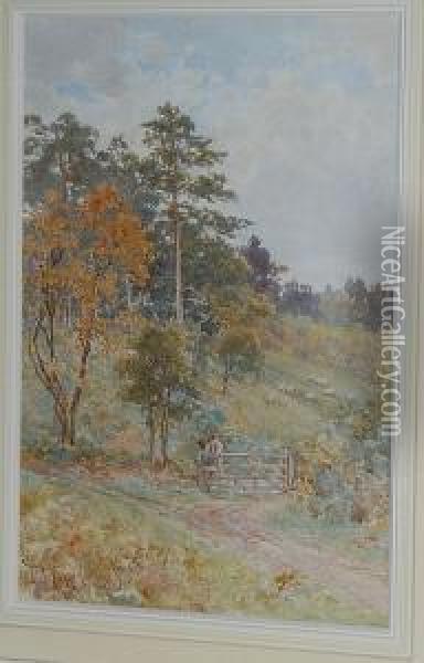 Figure Resting By A Gate Oil Painting - Thomas Hill