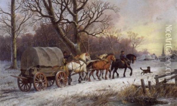 Winterlandschap Met Huifkar Oil Painting - Alexis de Leeuw