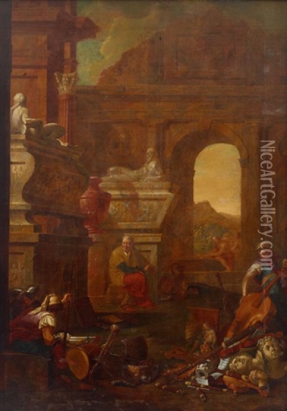 Allegori Over Konsterna; Maleri, Skulptur, Musik Och Krigskonsten Oil Painting - Hendrik Govaerts