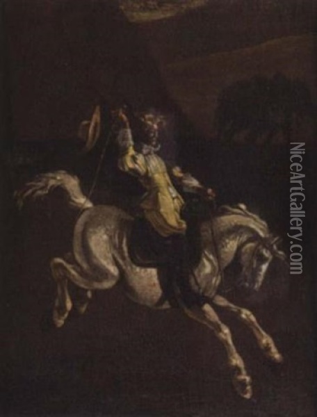 A Gentleman In Yellow Schooling A Horse Oil Painting - Michelangelo Cerquozzi