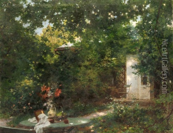 Sommeridyll Vor Der Gartenlaube Oil Painting - Julius Schmid