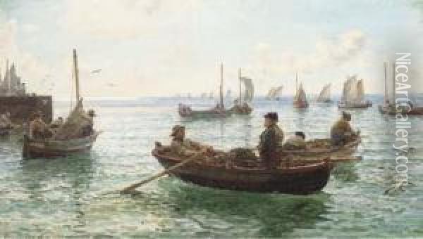 Lobster Fishermen Leaving Harbour Oil Painting - Hamilton Macallum