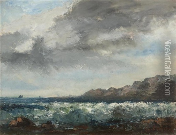 Coastal Landscape With Stormy Sea (collab. W/worksho) Oil Painting - Gustave Courbet