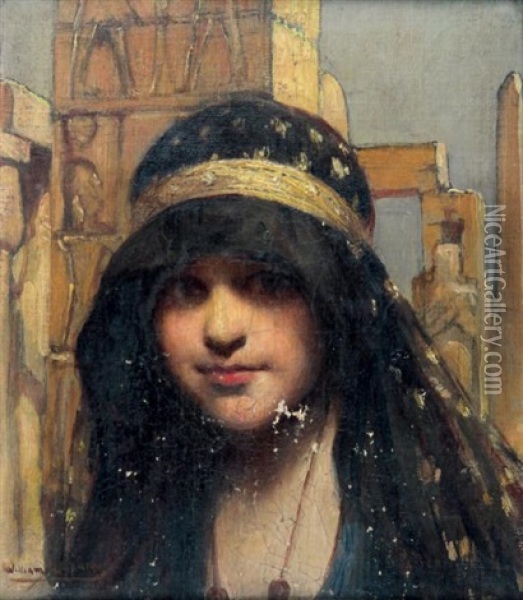 Jeune Fille En Egyptienne Devant Un Temple Oil Painting - William Julien Emile Laparra